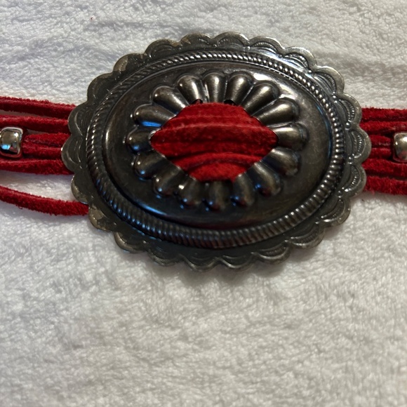 Southwestern Red Leather Concho Belt with Beads Tassell Tie Waist - Picture 4 of 5